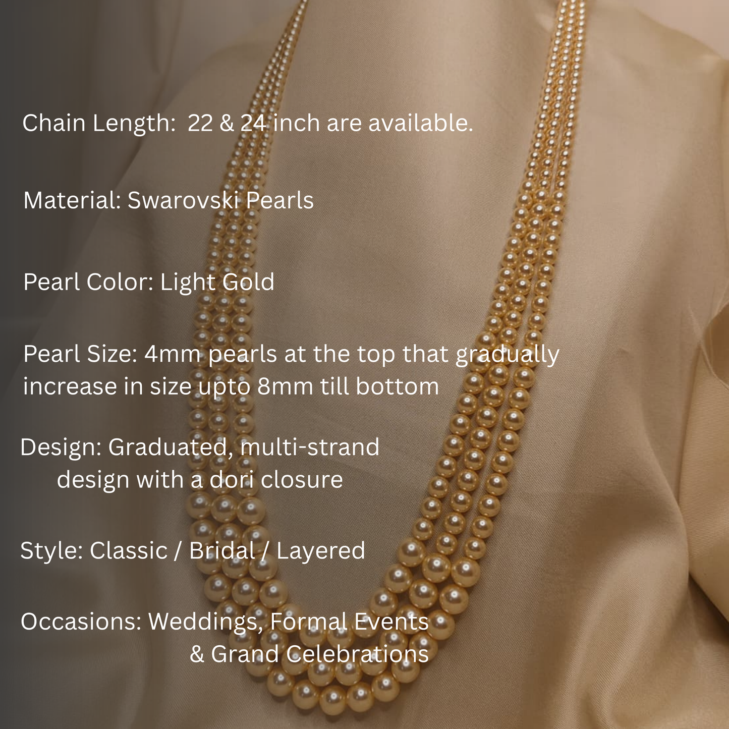 Light Gold 3 Strand Gradation Swarovski Pearl Necklace