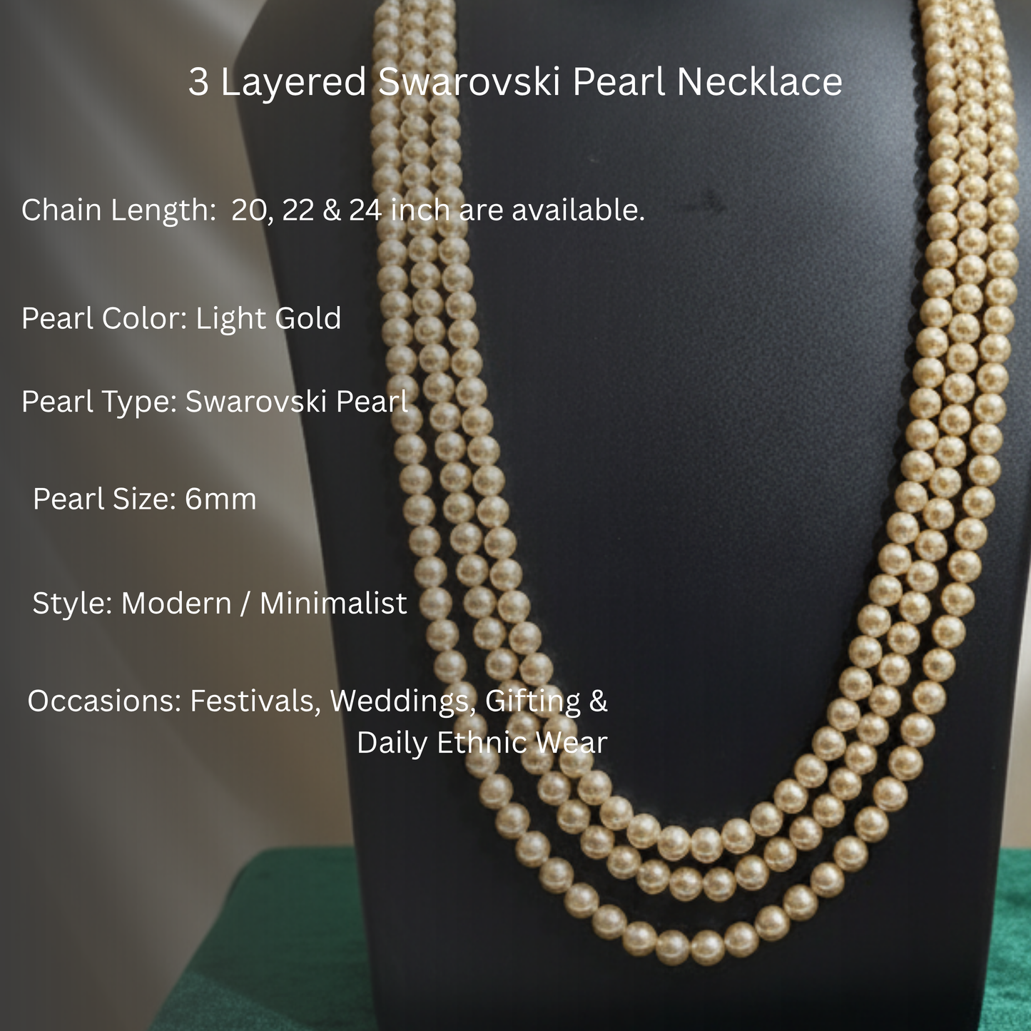 Light Gold 3 Strand Swarovski Pearl Necklace