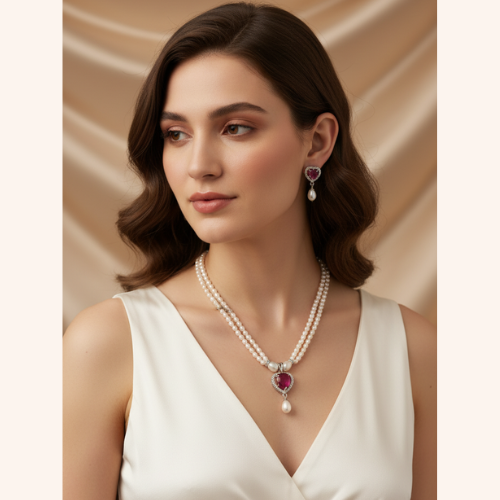 2 Row White Pearl & Ruby Heart Necklace Set with Earrings