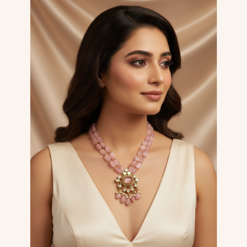 Rose Quartz Beaded with Kundan & Pearl Pendant