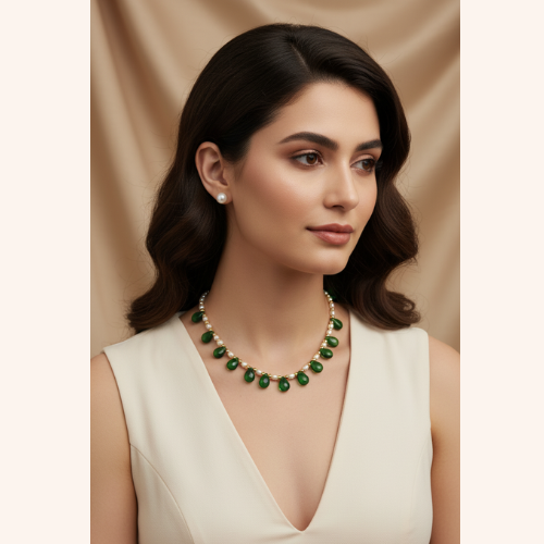 Pearl Necklace with Green Stone Drops