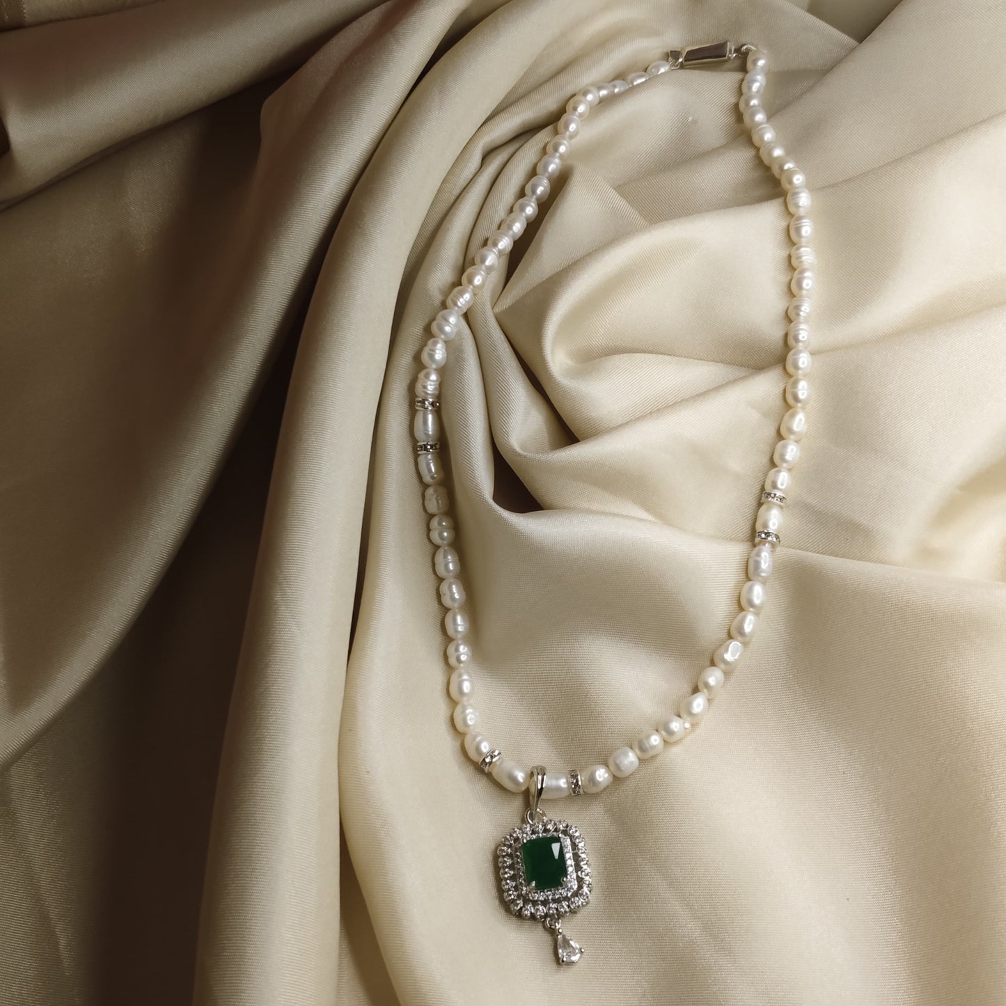 Pearl Necklace & Earrings Set with Green Stone Pendant