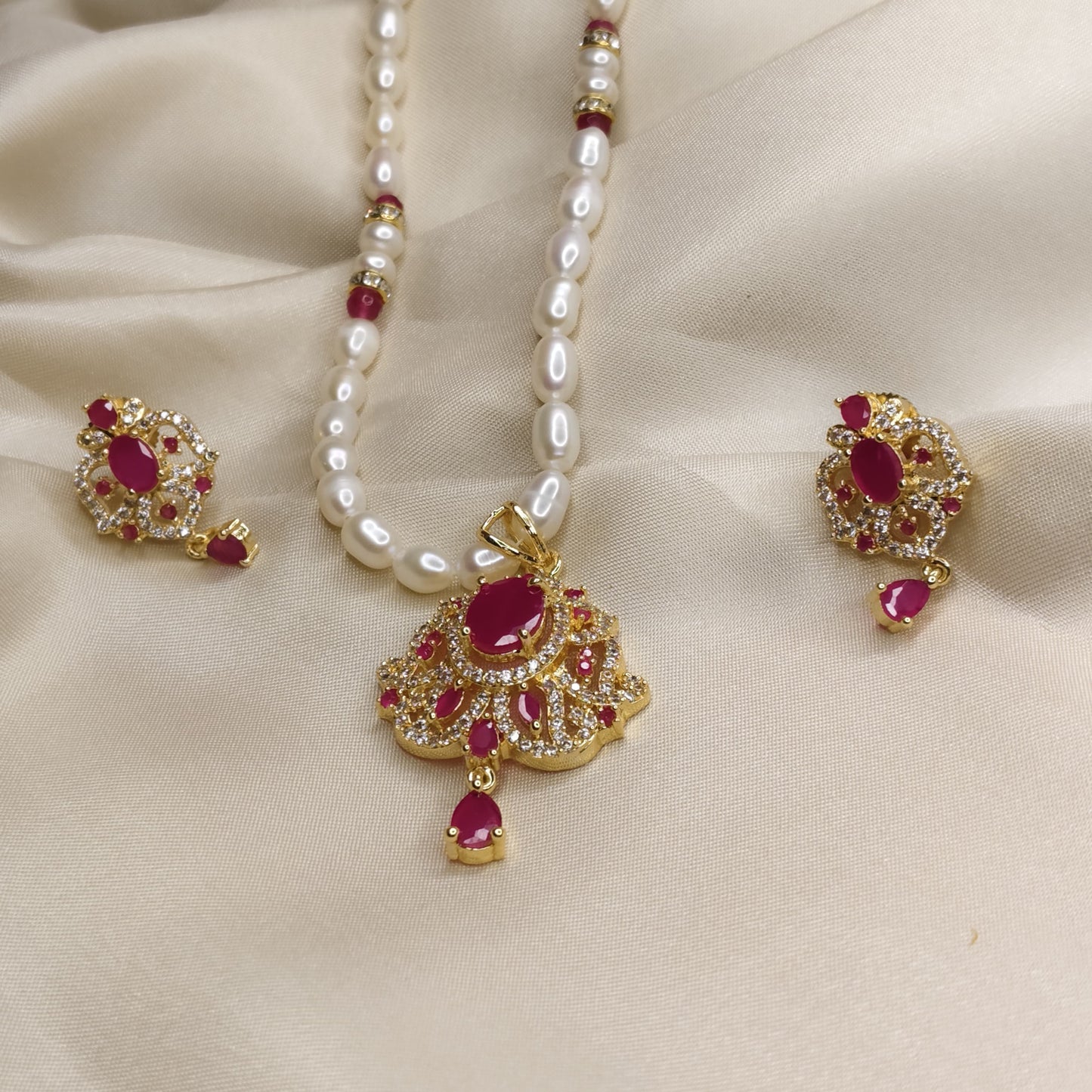 Pearl Necklace Set with Ruby-Red Pendant & Earrings (Gold-Coated Finish)