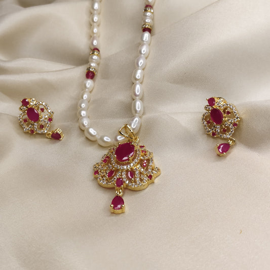 Pearl Necklace Set with Ruby-Red Pendant & Earrings (Gold-Coated Finish)