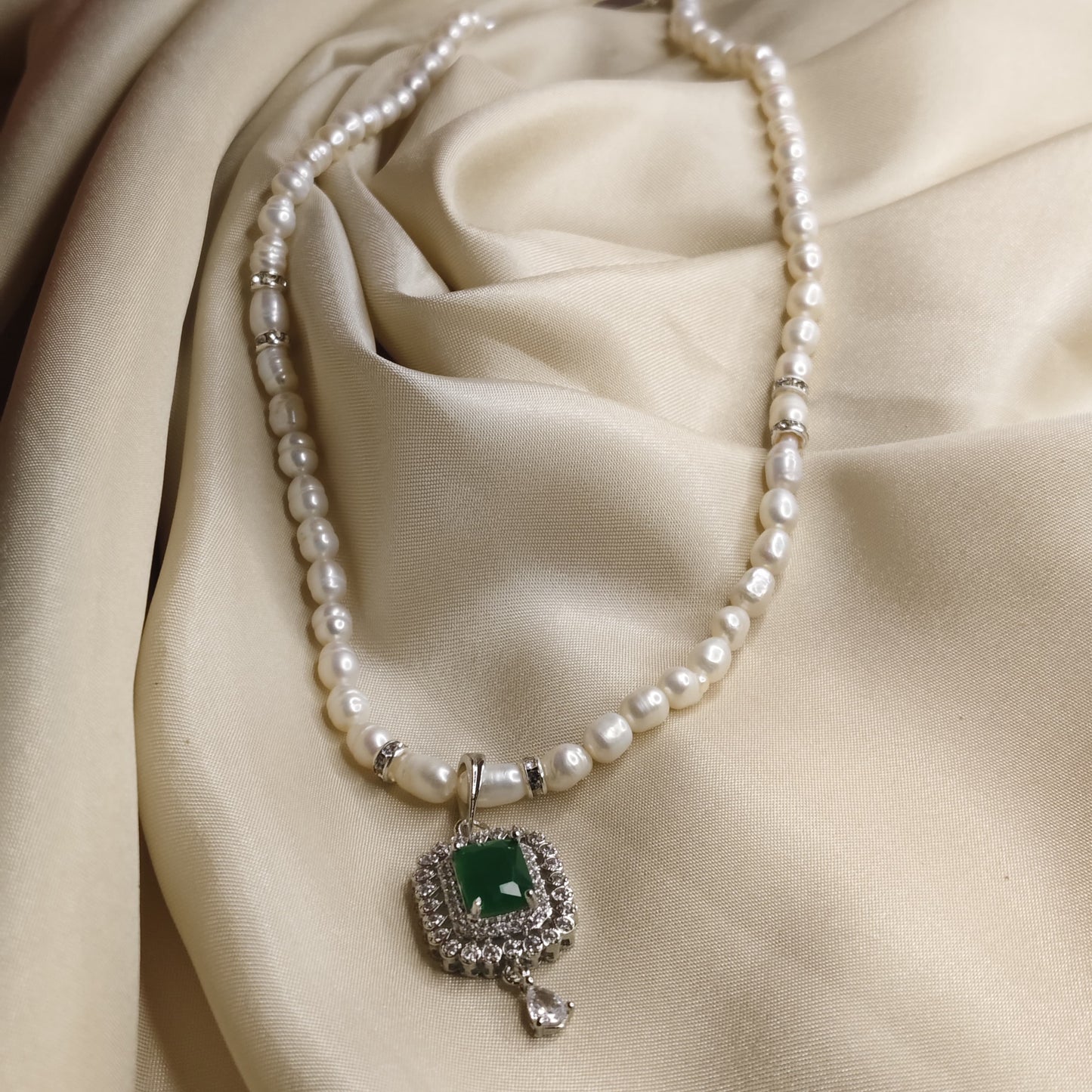 Pearl Necklace & Earrings Set with Green Stone Pendant