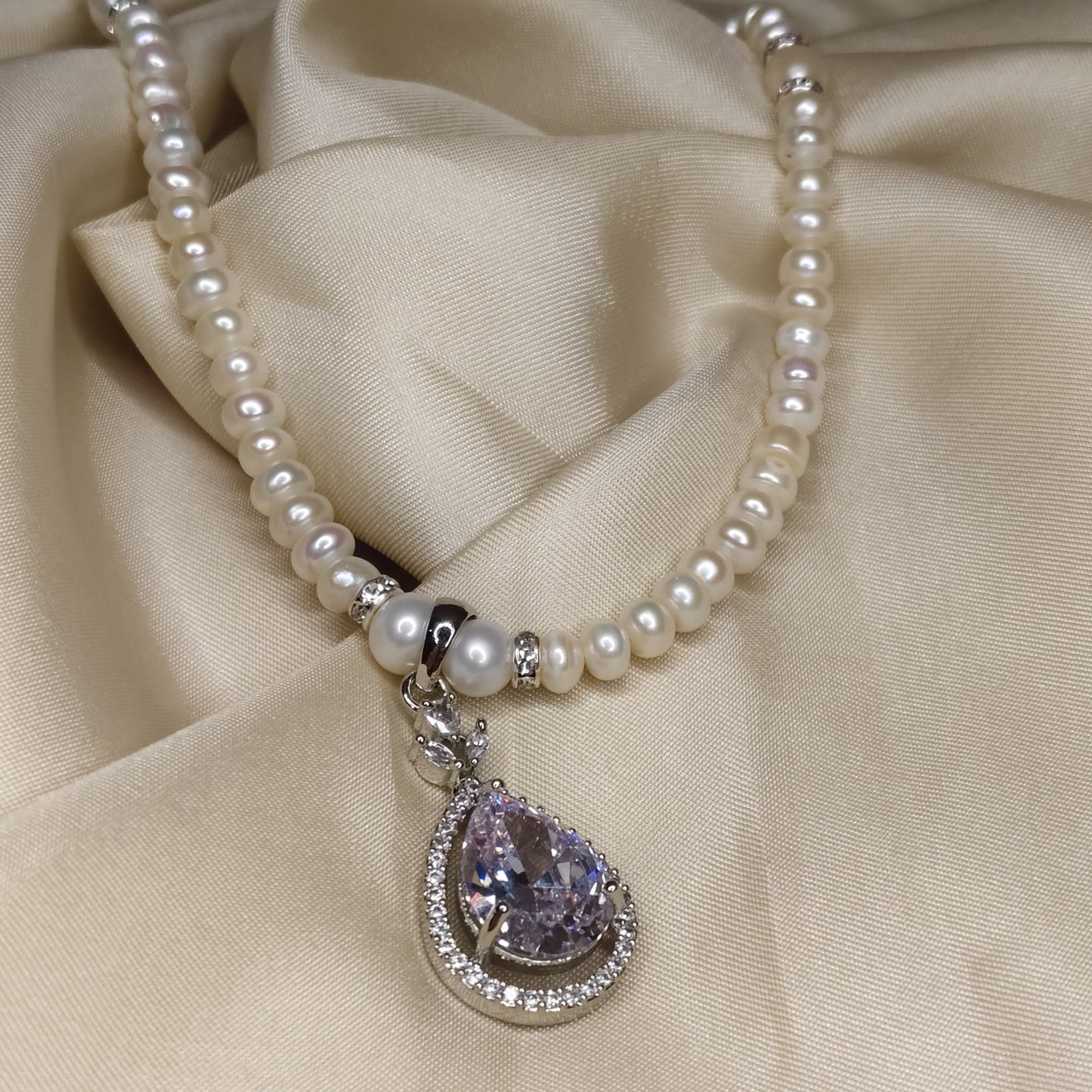 White Pearl Necklace Set with Zircon Pendant & Earrings