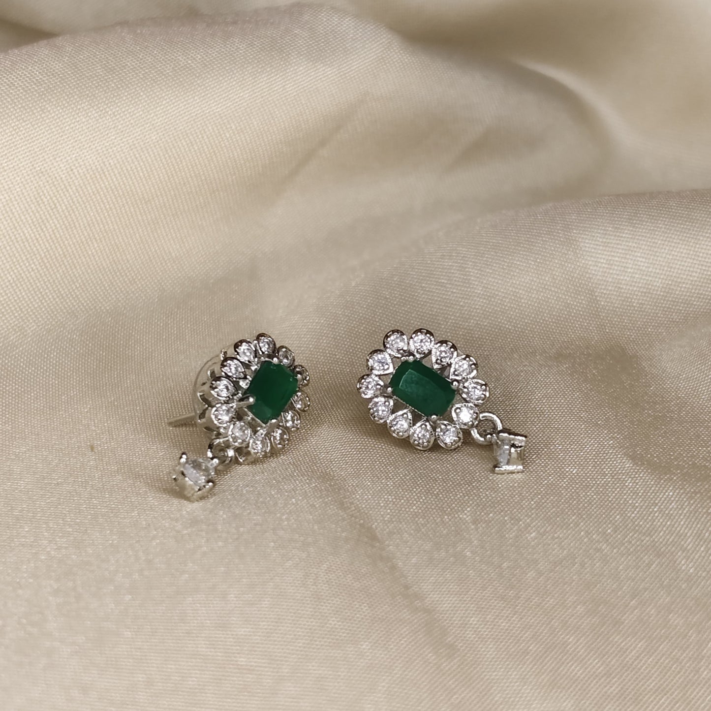 Pearl Necklace & Earrings Set with Green Stone Pendant