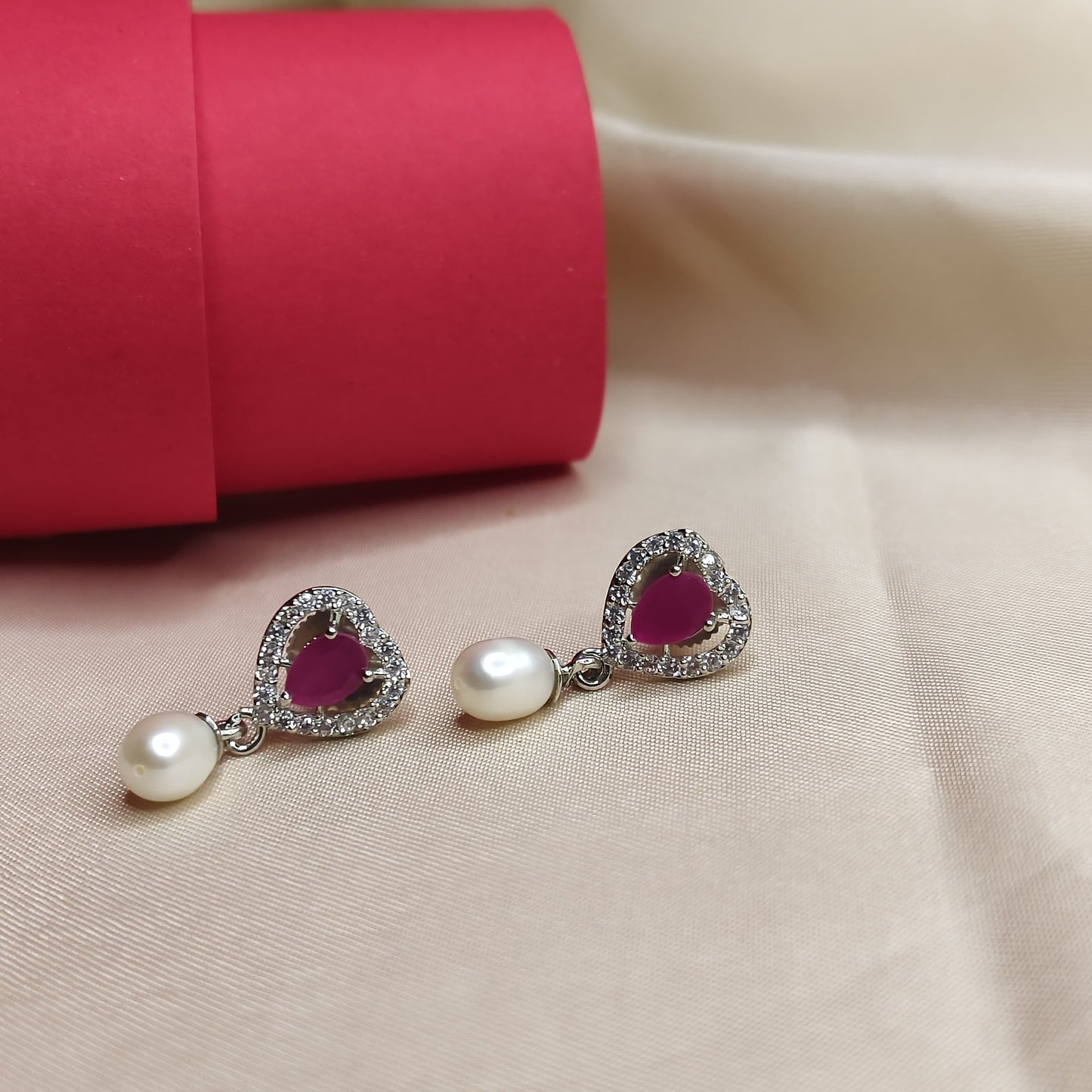 2 Row White Pearl & Ruby Heart Necklace Set with Earrings