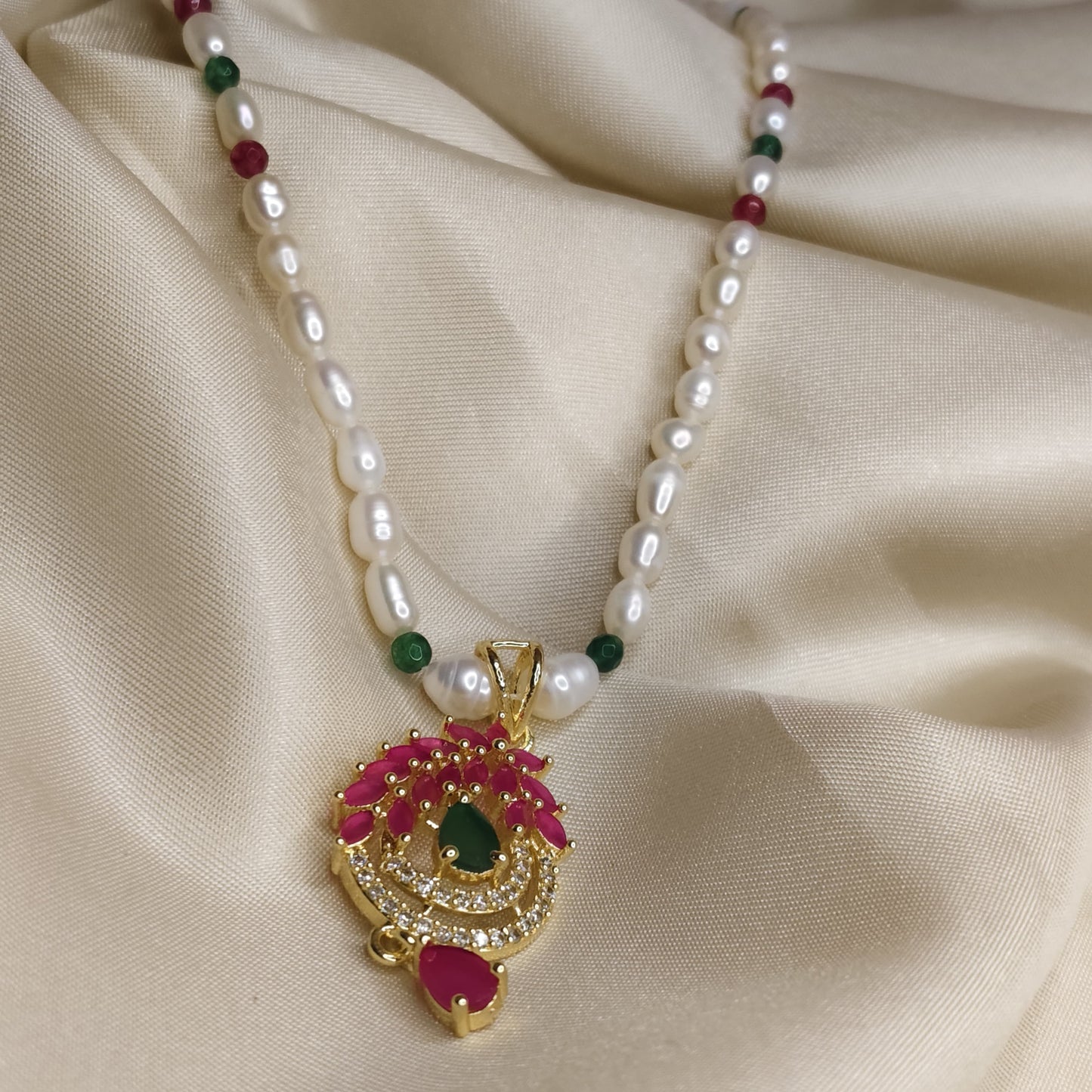 Pearl & Bead Necklace Set with Ruby Pendant and Earrings