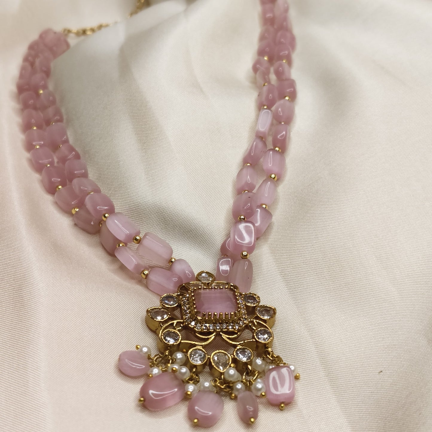 Rose Quartz Beaded with Kundan & Pearl Pendant