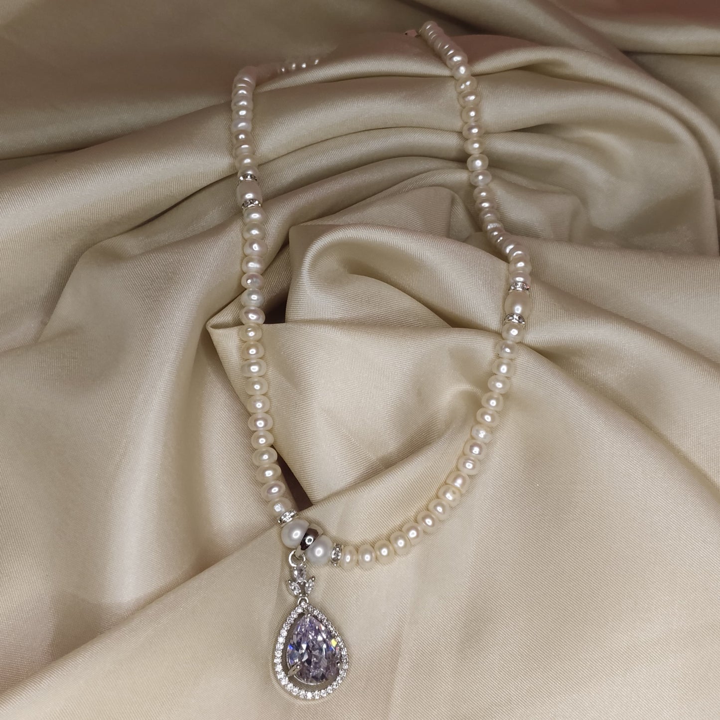 White Pearl Necklace Set with Zircon Pendant & Earrings