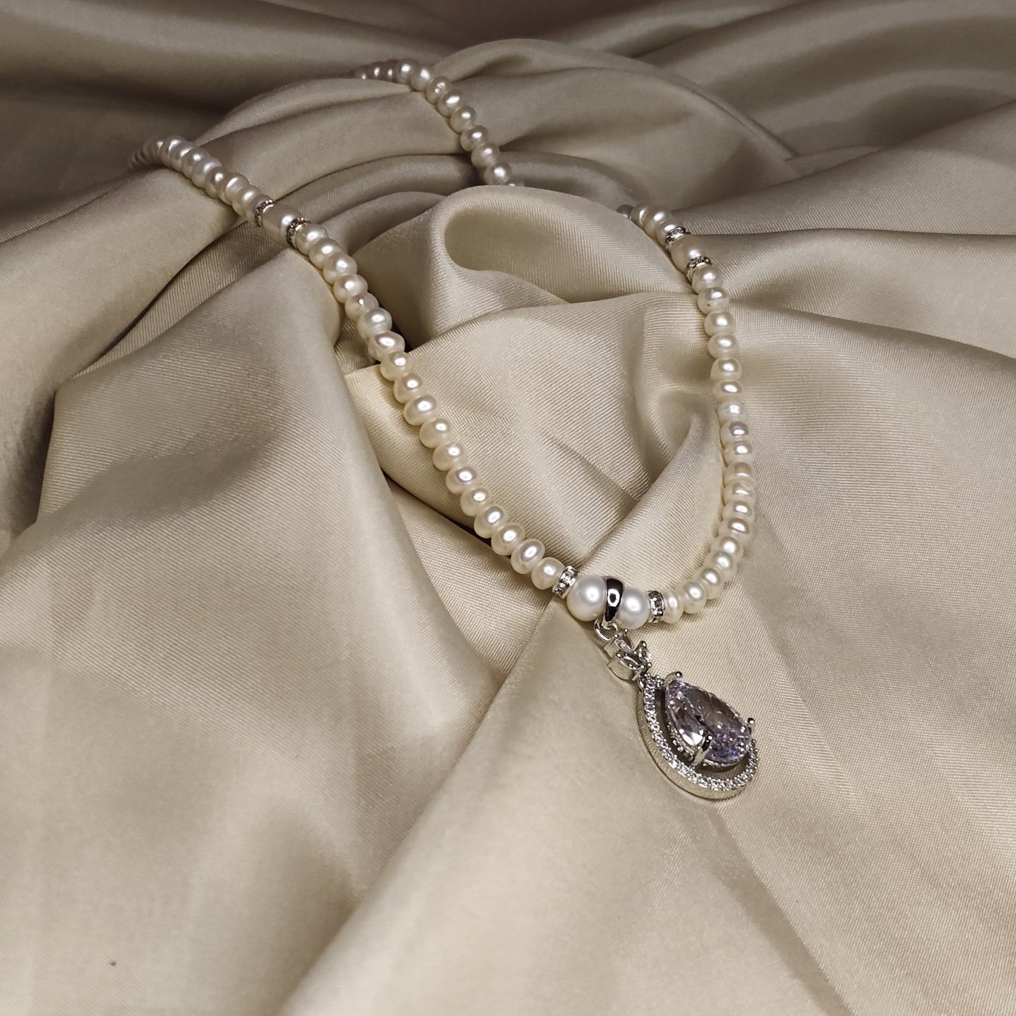 White Pearl Necklace Set with Zircon Pendant & Earrings