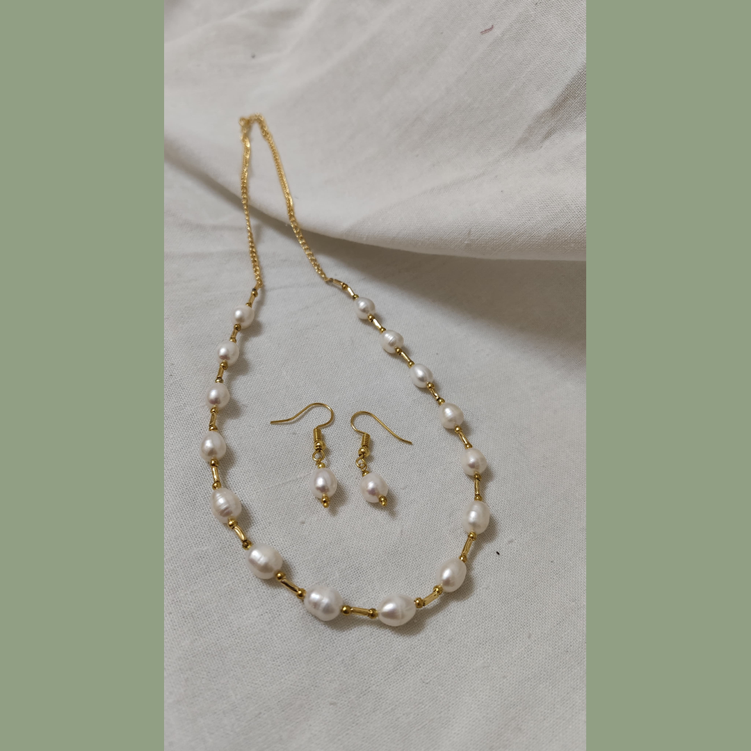 Pearl Necklace & Earrings Set with Gold-Coated