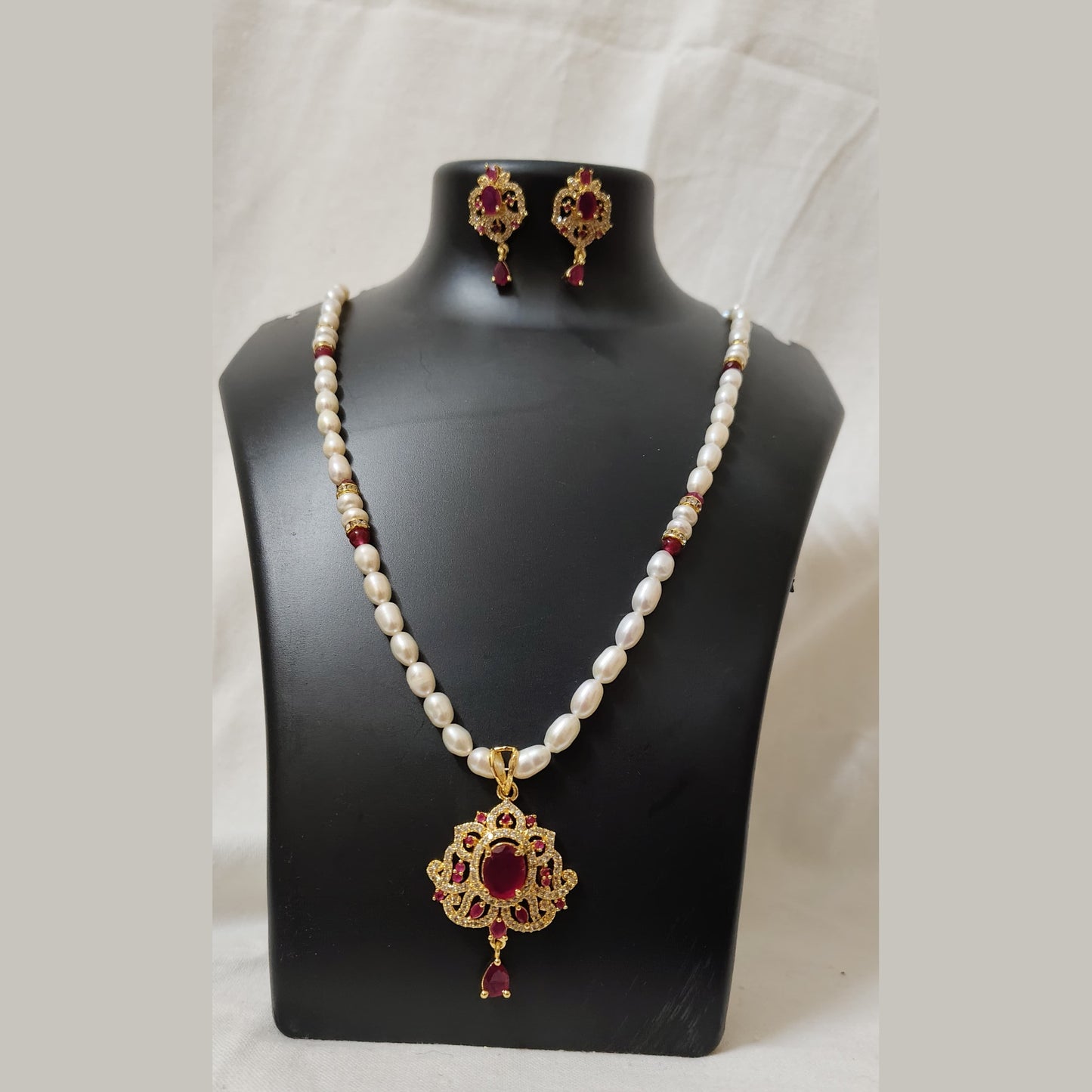 Pearl Necklace Set with Ruby-Red Pendant & Earrings (Gold-Coated Finish)