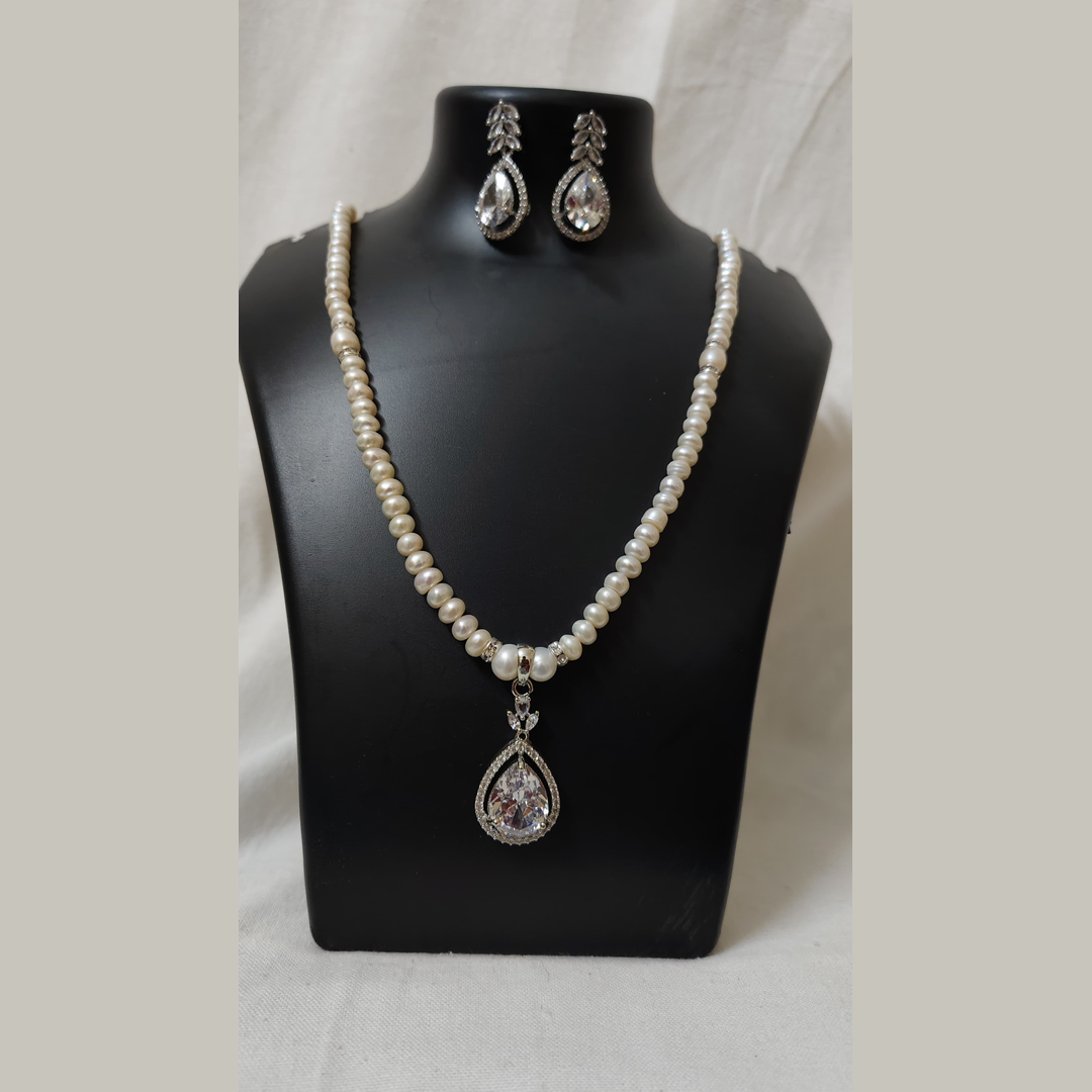 White Pearl Necklace Set with Zircon Pendant & Earrings