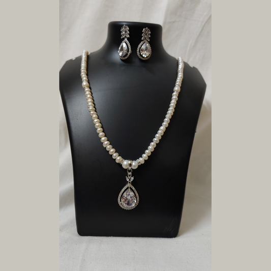 White Pearl Necklace Set with Zircon Pendant & Earrings