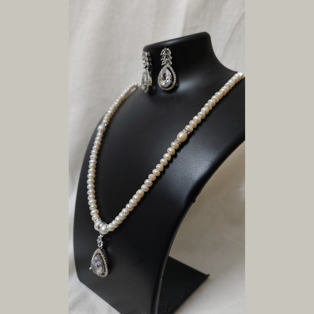 White Pearl Necklace Set with Zircon Pendant & Earrings