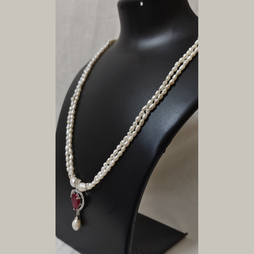 2 Row White Pearl & Ruby Heart Necklace Set with Earrings