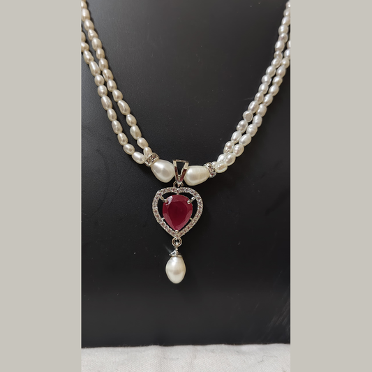 2 Row White Pearl & Ruby Heart Necklace Set with Earrings
