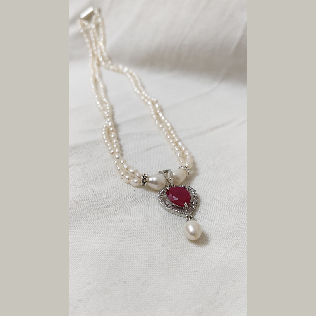 2 Row White Pearl & Ruby Heart Necklace Set with Earrings