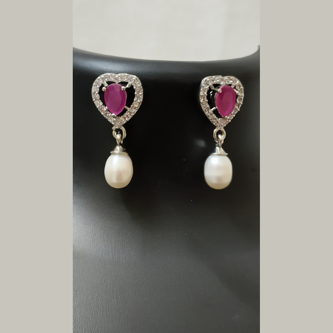 2 Row White Pearl & Ruby Heart Necklace Set with Earrings