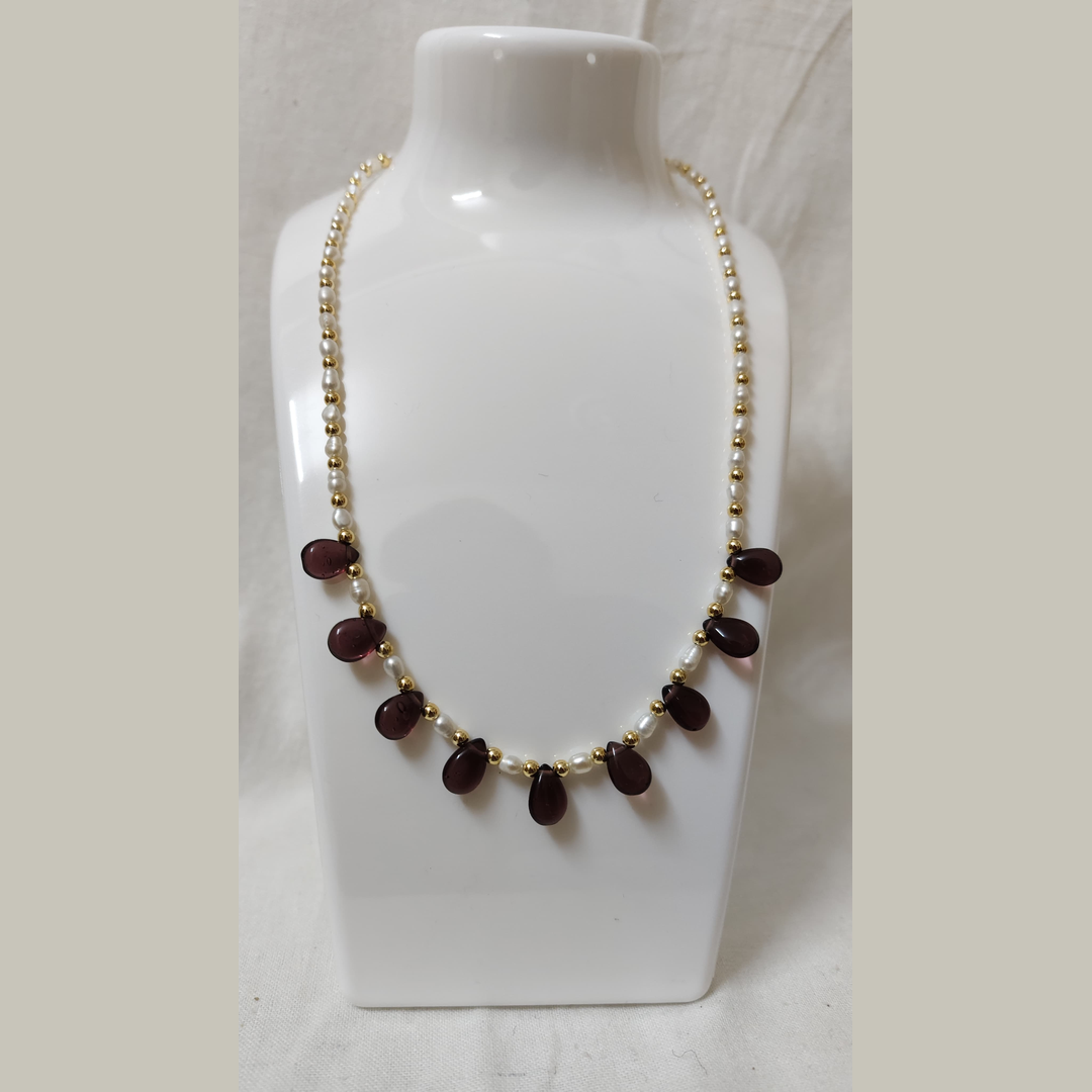 White Pearl Earrings & Garnet Pearl Beaded Necklace Set