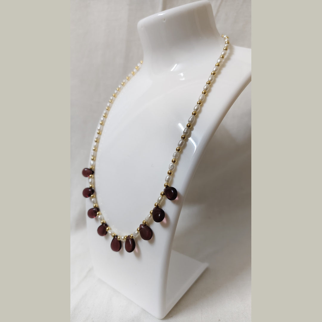 White Pearl Earrings & Garnet Pearl Beaded Necklace Set