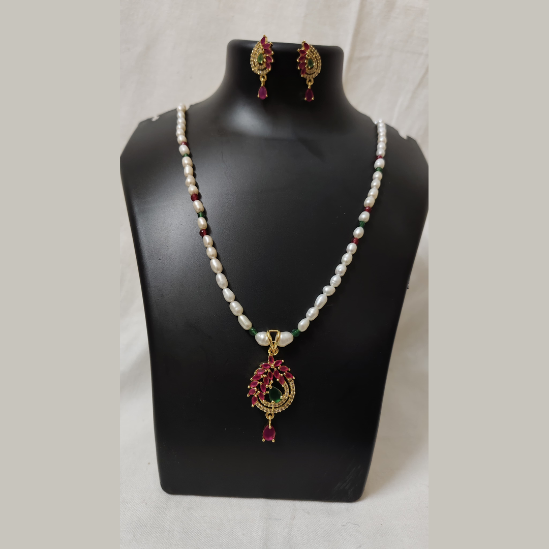 Pearl & Bead Necklace Set with Ruby Pendant and Earrings