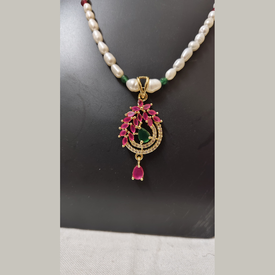 Pearl & Bead Necklace Set with Ruby Pendant and Earrings