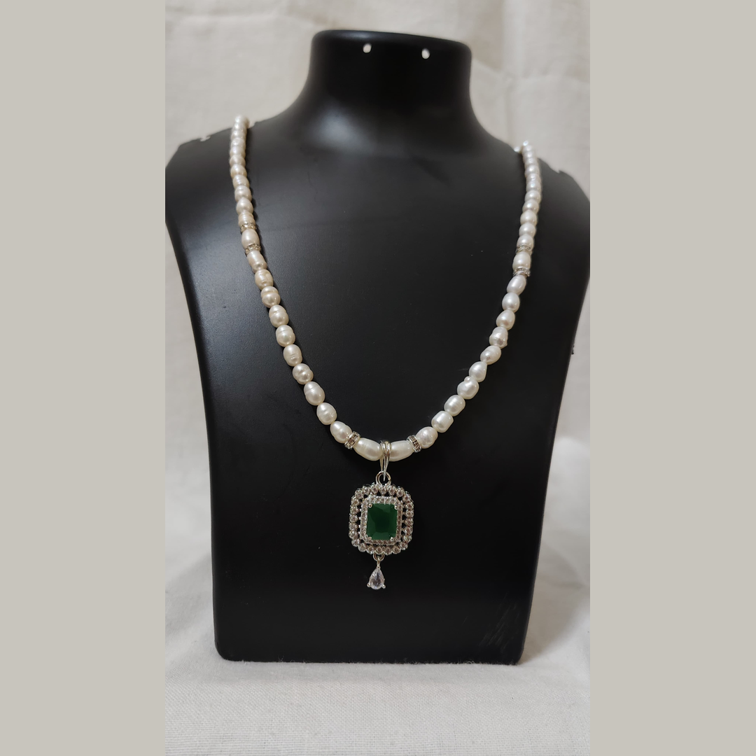 Pearl Necklace & Earrings Set with Green Stone Pendant