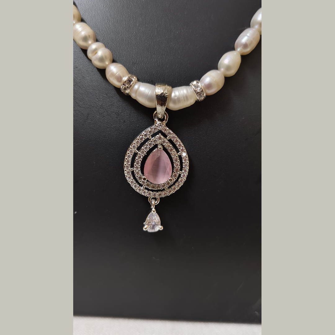 Pearl Necklace with Pink Stone Pendant with Earrings