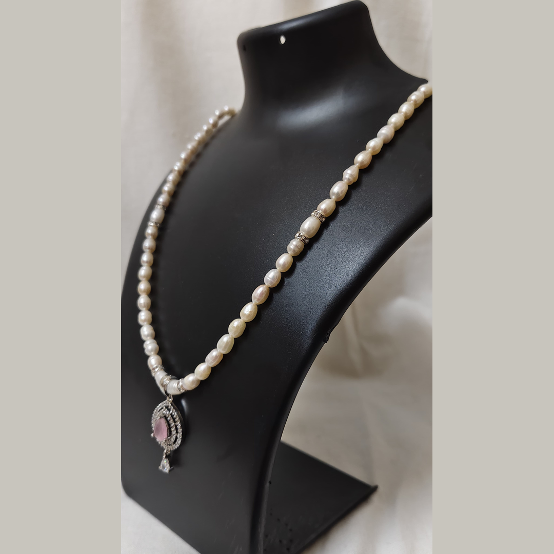 Pearl Necklace with Pink Stone Pendant with Earrings