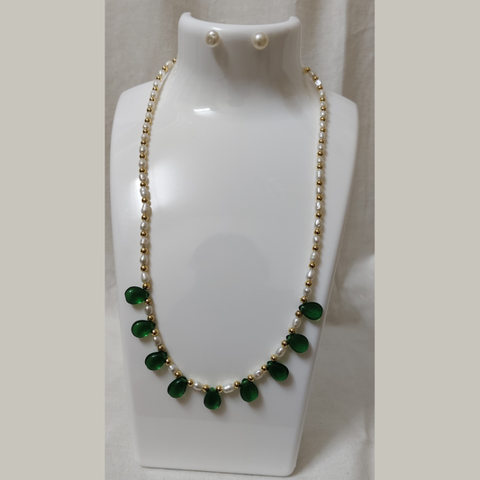 Pearl Necklace with Green Stone Drops