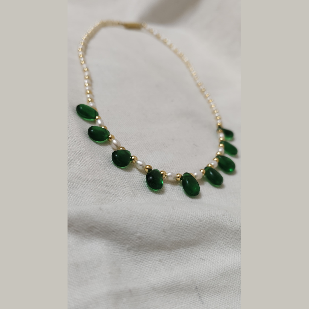 Pearl Necklace with Green Stone Drops