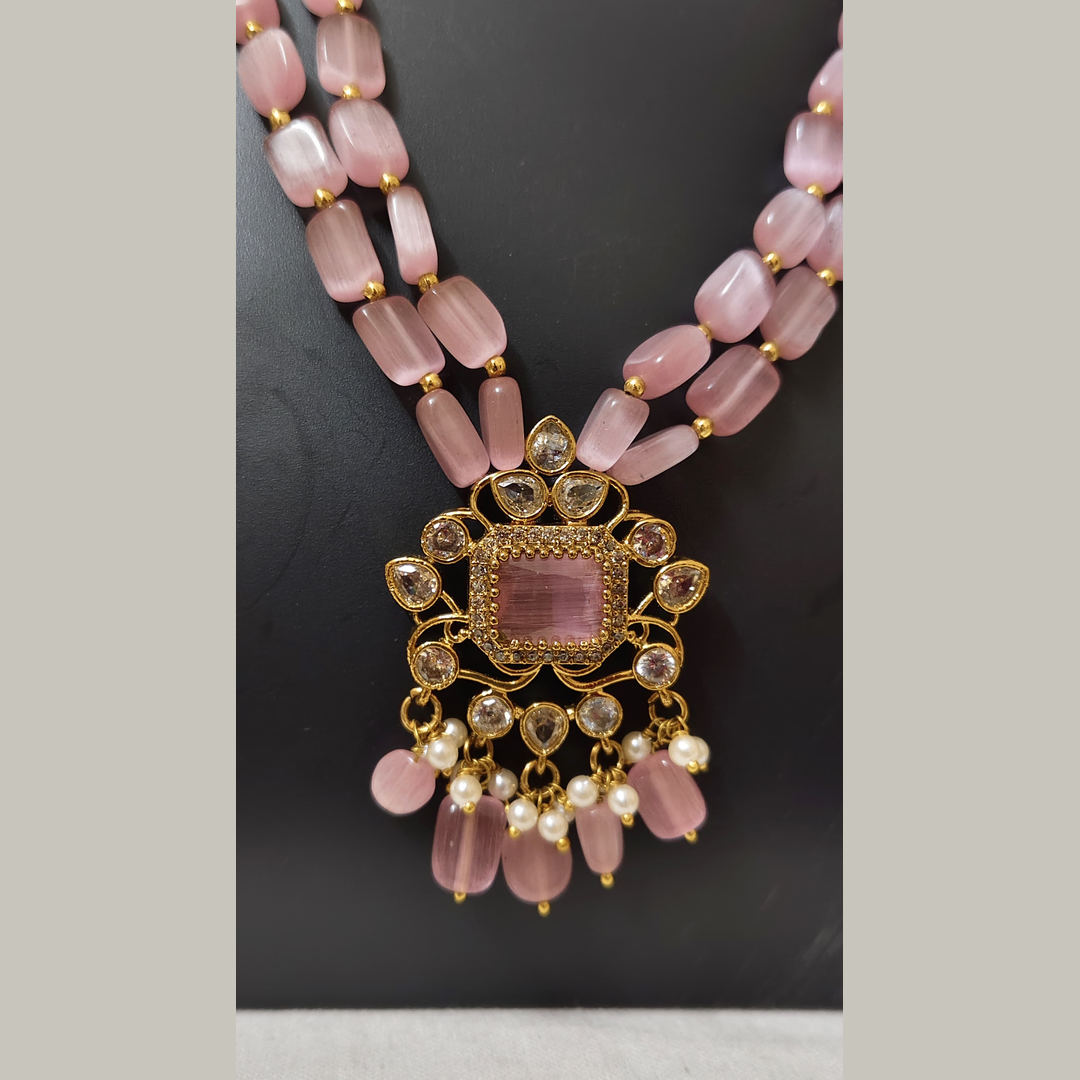 Rose Quartz Beaded with Kundan & Pearl Pendant