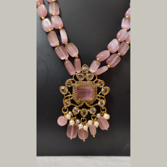 Rose Quartz Beaded with Kundan & Pearl Pendant