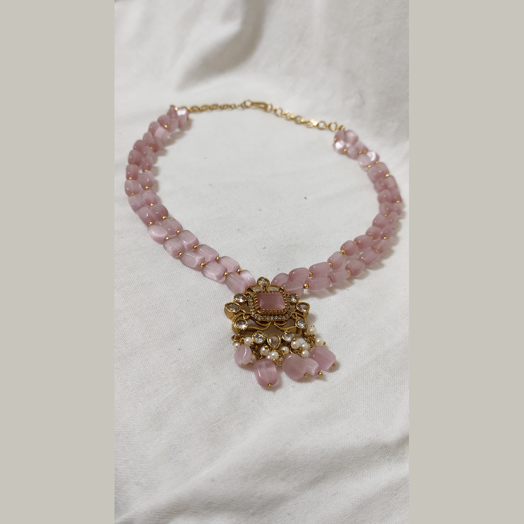 Rose Quartz Beaded with Kundan & Pearl Pendant