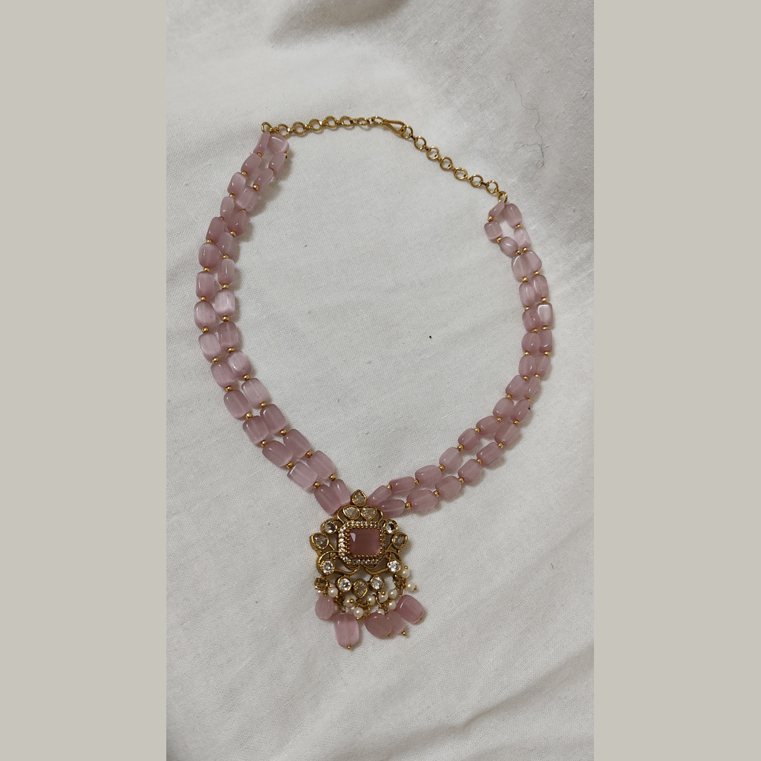Rose Quartz Beaded with Kundan & Pearl Pendant