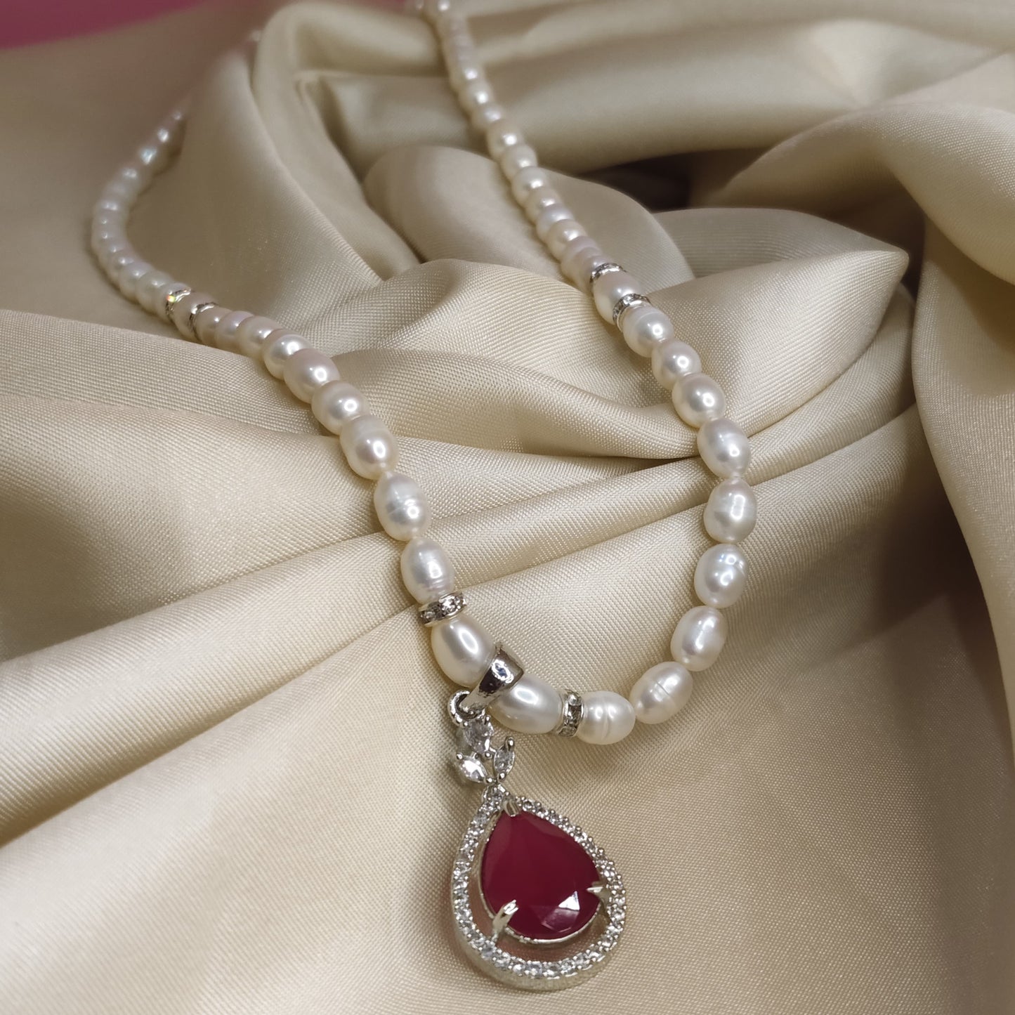 Pearl and Ruby Necklace Set with matching Earrings