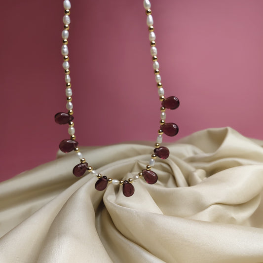 White Pearl Earrings & Garnet Pearl Beaded Necklace Set