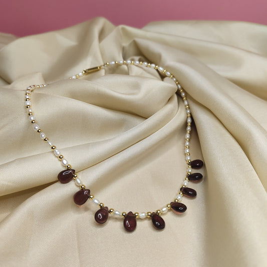 White Pearl Earrings & Garnet Pearl Beaded Necklace Set