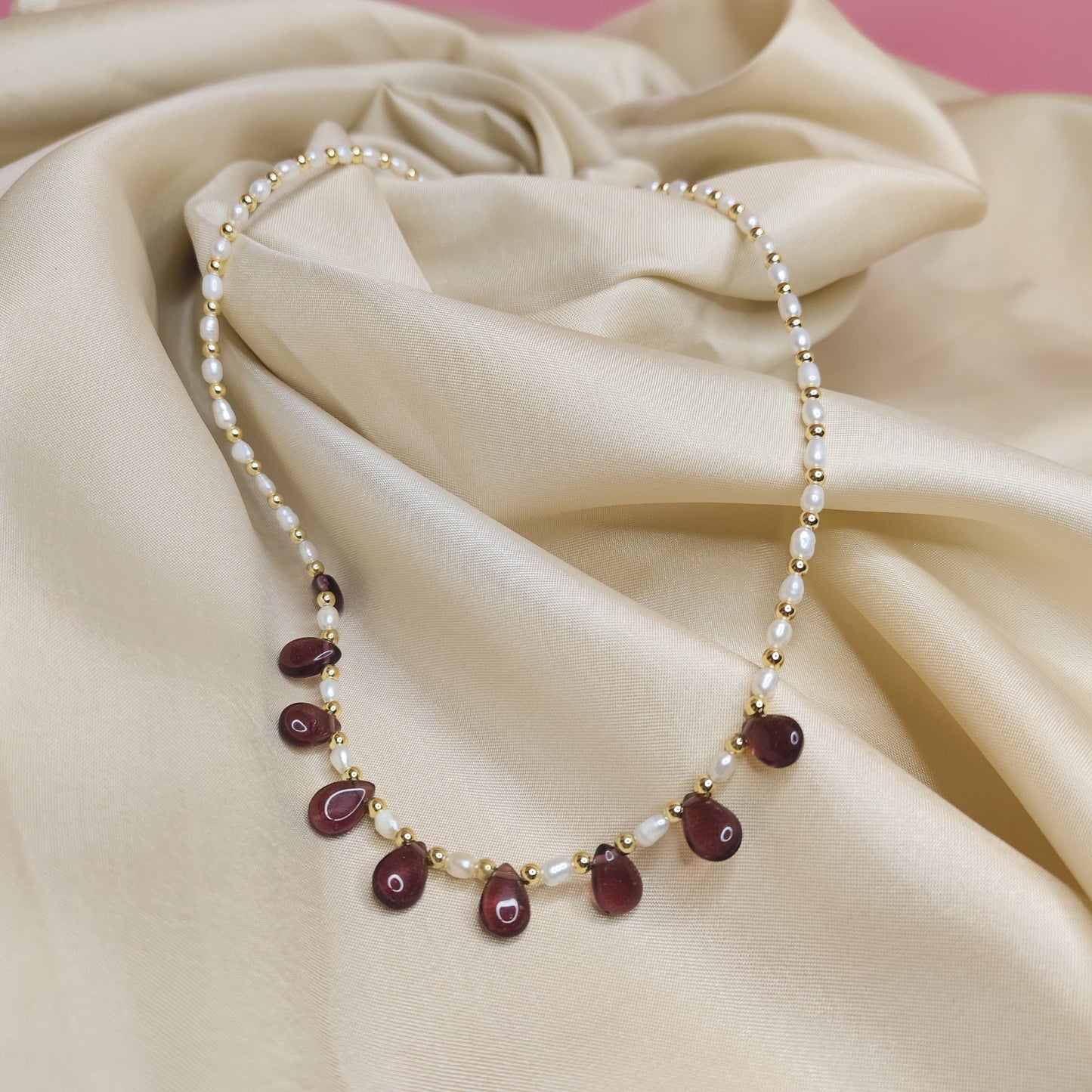 White Pearl Earrings & Garnet Pearl Beaded Necklace Set