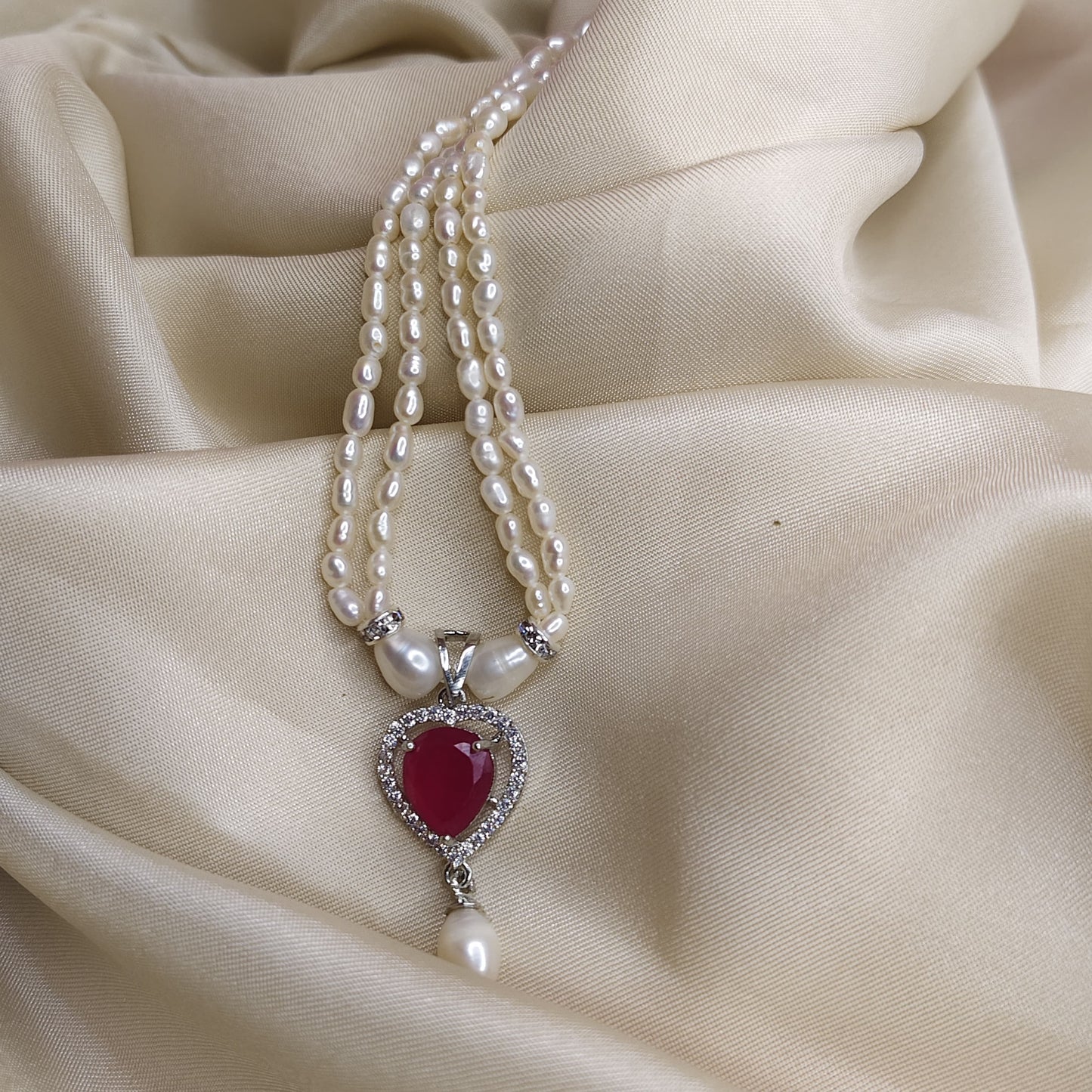 2 Row White Pearl & Ruby Heart Necklace Set with Earrings
