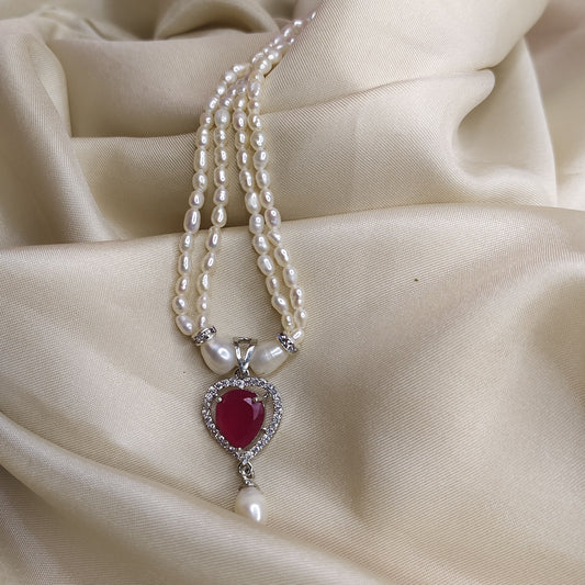 2 Row White Pearl & Ruby Heart Necklace Set with Earrings