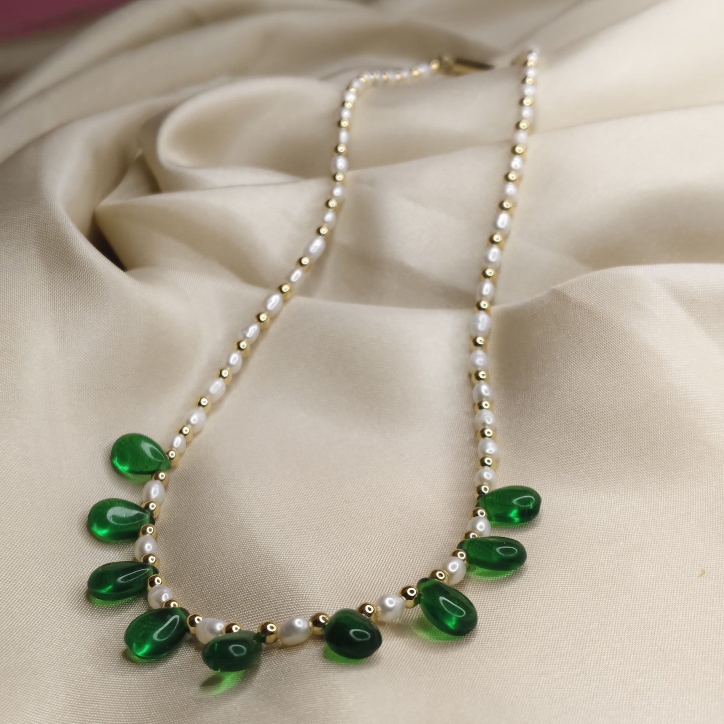 Pearl Necklace with Green Stone Drops