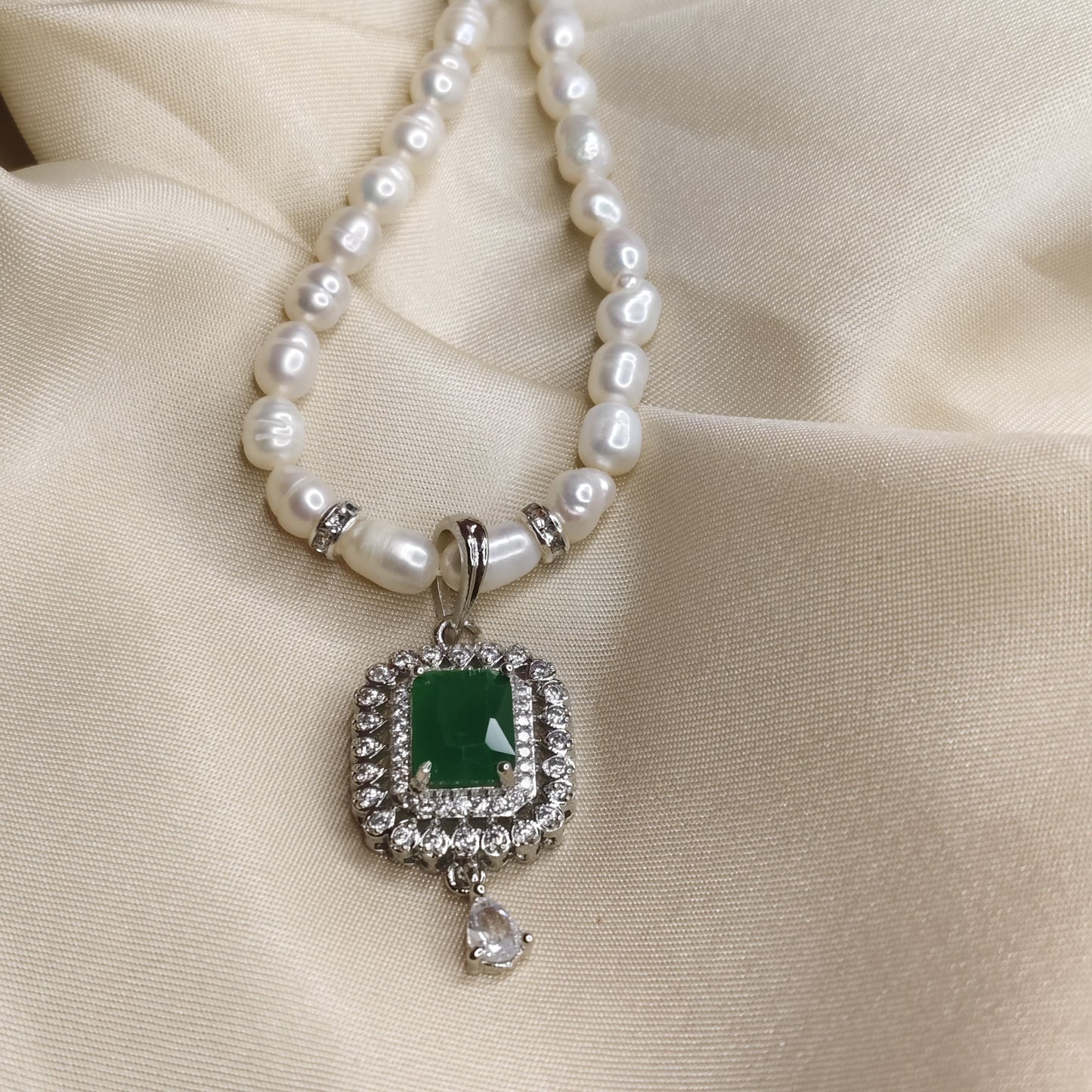 Pearl Necklace & Earrings Set with Green Stone Pendant