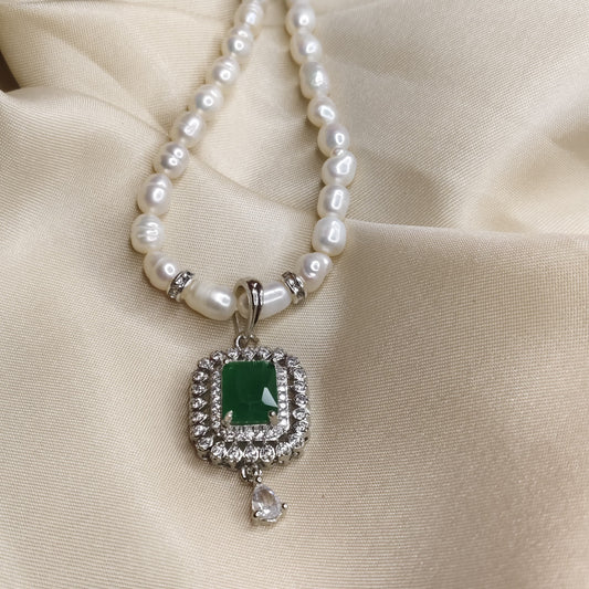 Pearl Necklace & Earrings Set with Green Stone Pendant