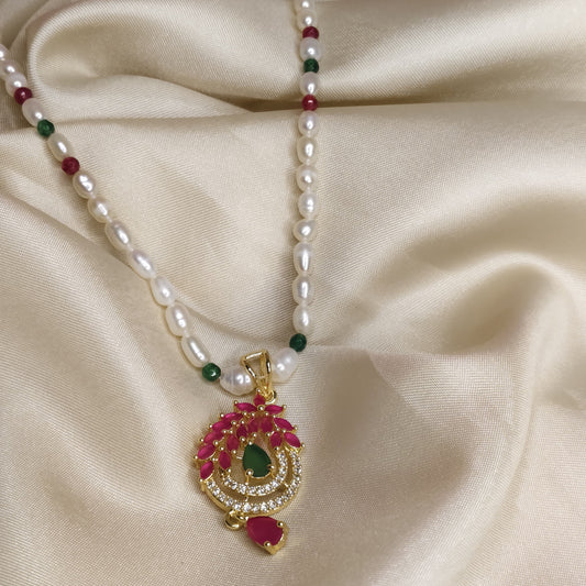 Pearl & Bead Necklace Set with Ruby Pendant and Earrings
