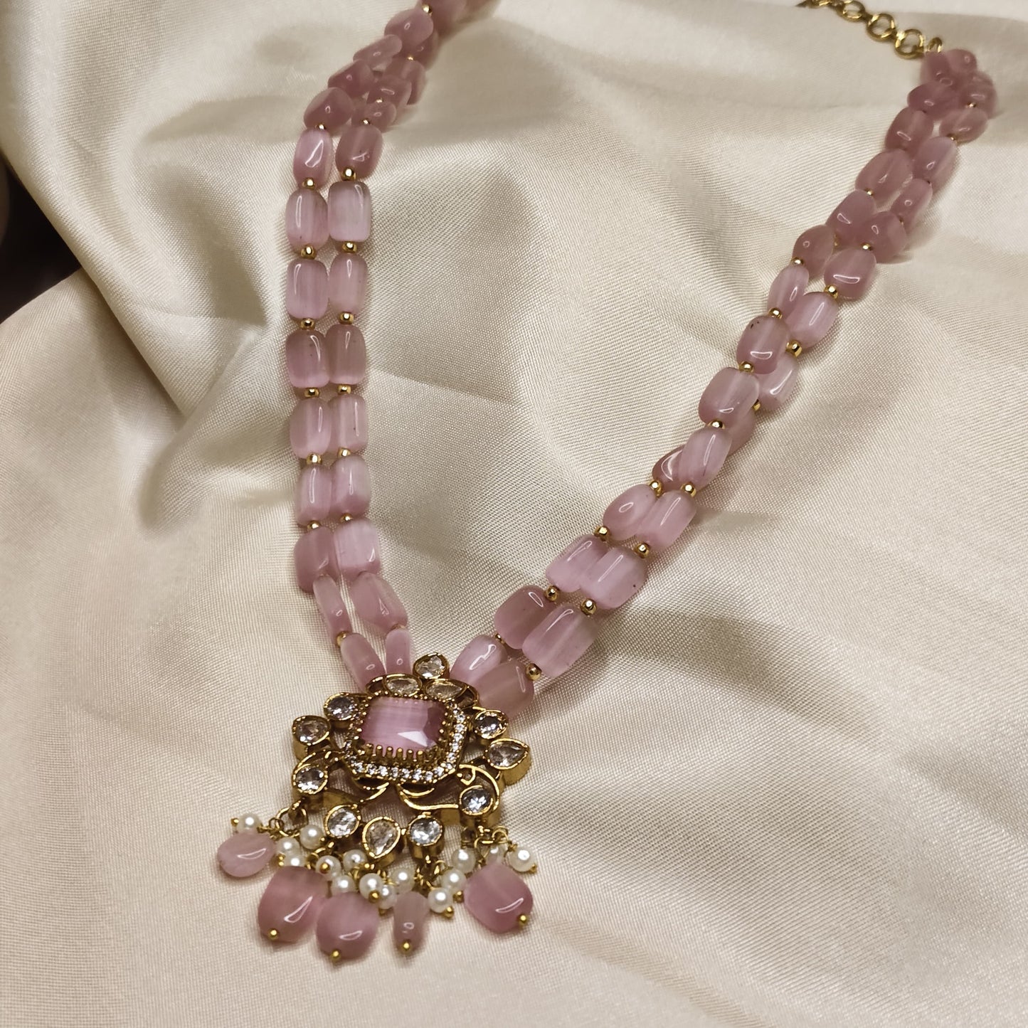 Rose Quartz Beaded with Kundan & Pearl Pendant