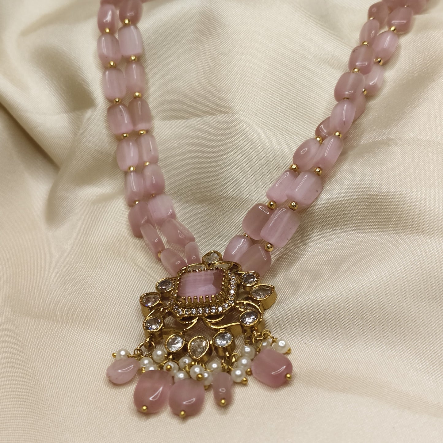 Rose Quartz Beaded with Kundan & Pearl Pendant